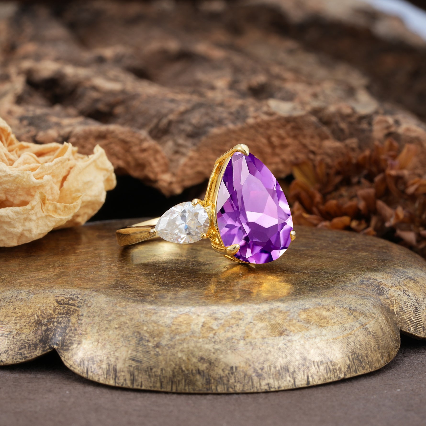 Classic, Minimalist 3-Prong Pear Cut Amethyst Two Stones Wedding Ring - Additional view