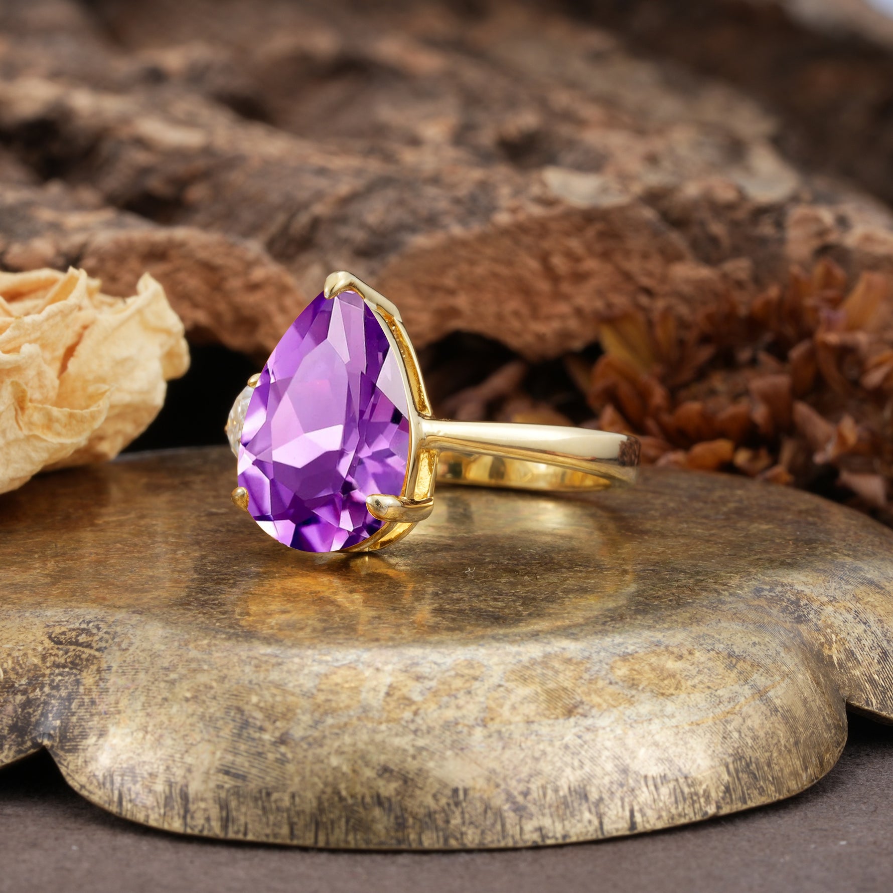 Classic, Minimalist 3-Prong Pear Cut Amethyst Two Stones Wedding Ring - Additional view