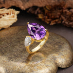 Classic, Minimalist 3-Prong Pear Cut Amethyst Two Stones Wedding Ring - Additional view