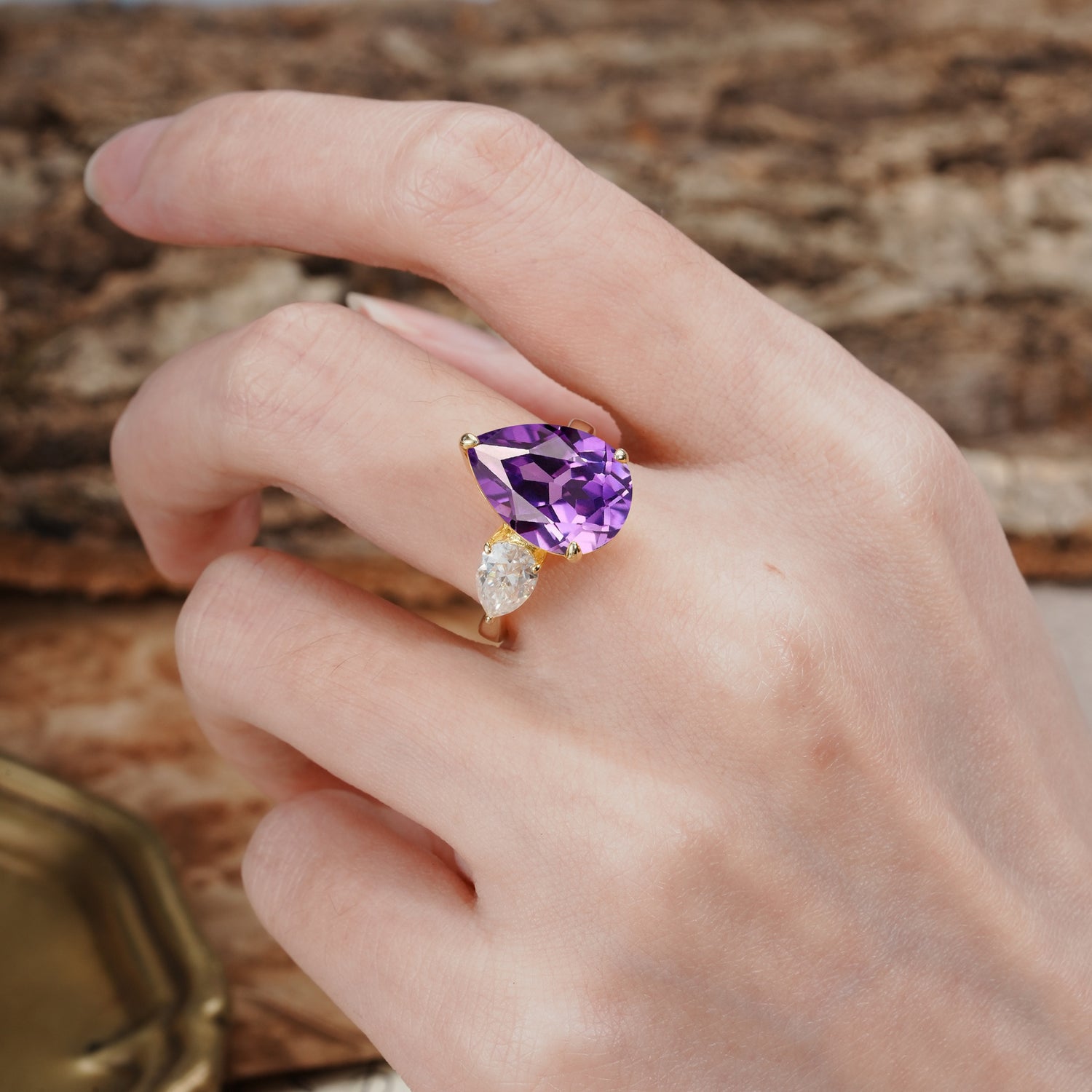 Classic, Minimalist 3-Prong Pear Cut Amethyst Two Stones Wedding Ring - Additional view