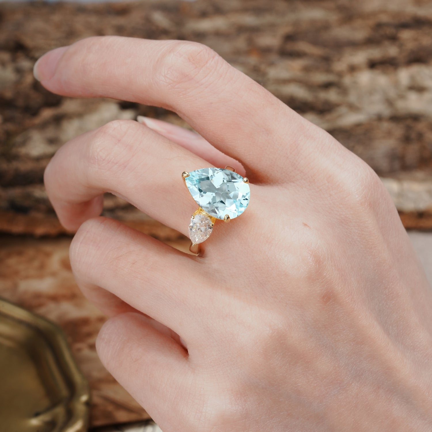 Classic, Minimalist 3-Prong Pear Cut Aquamarine Two Stones Wedding Ring - Additional view