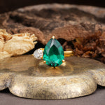 Classic, Minimalist 3-Prong Pear Cut Emerald Two Stones Wedding Ring - Additional view