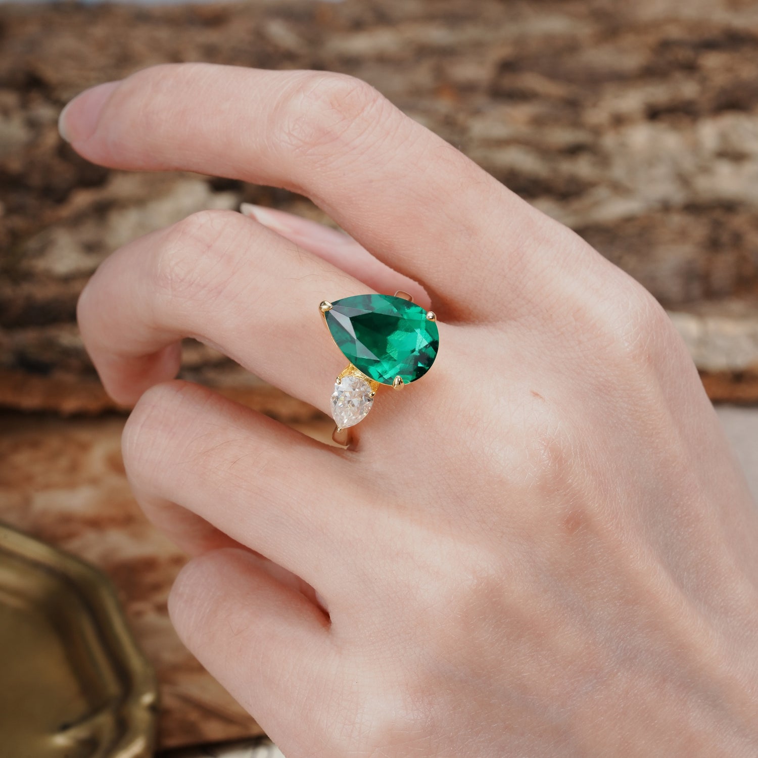 Classic, Minimalist 3-Prong Pear Cut Emerald Two Stones Wedding Ring - Additional view