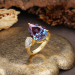 Classic, Minimalist 3-Prong Pear Cut Alexandrite Two Stones Wedding Ring - Additional view