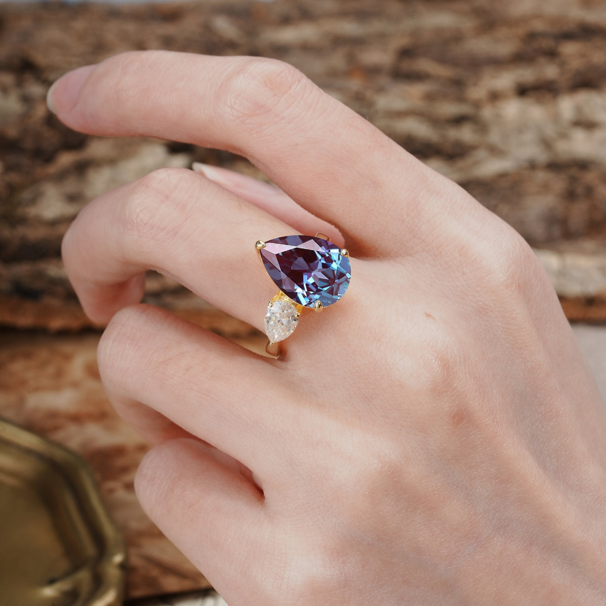 Classic, Minimalist 3-Prong Pear Cut Alexandrite Two Stones Wedding Ring - Additional view
