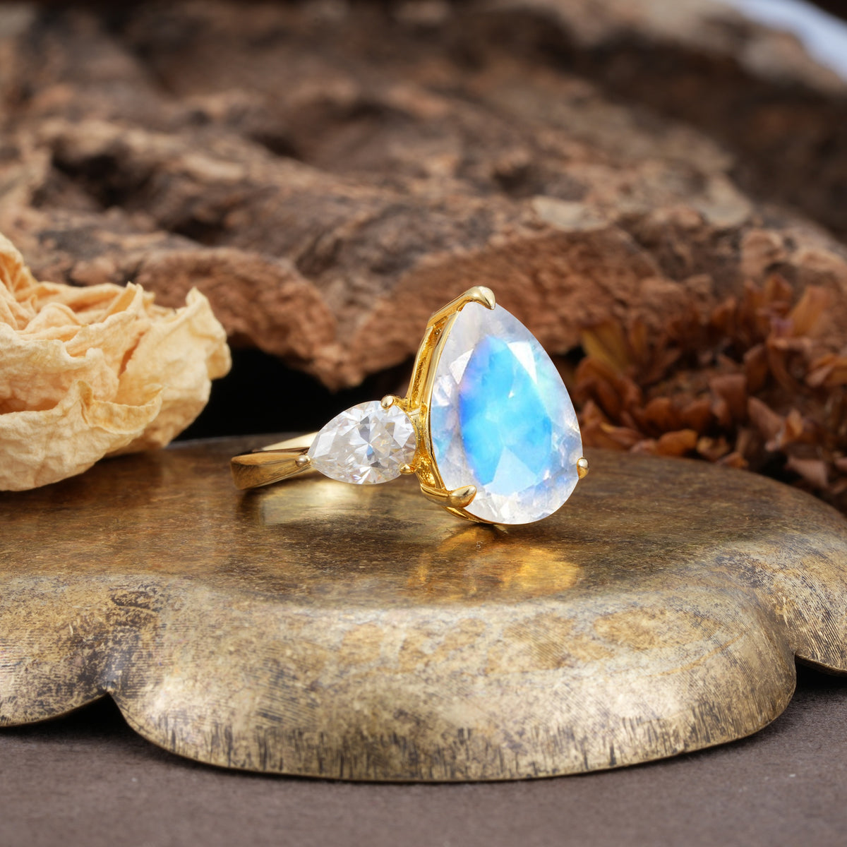 Classic, Minimalist 3-Prong Pear Cut Moonstone Two Stones Wedding Ring - Additional view