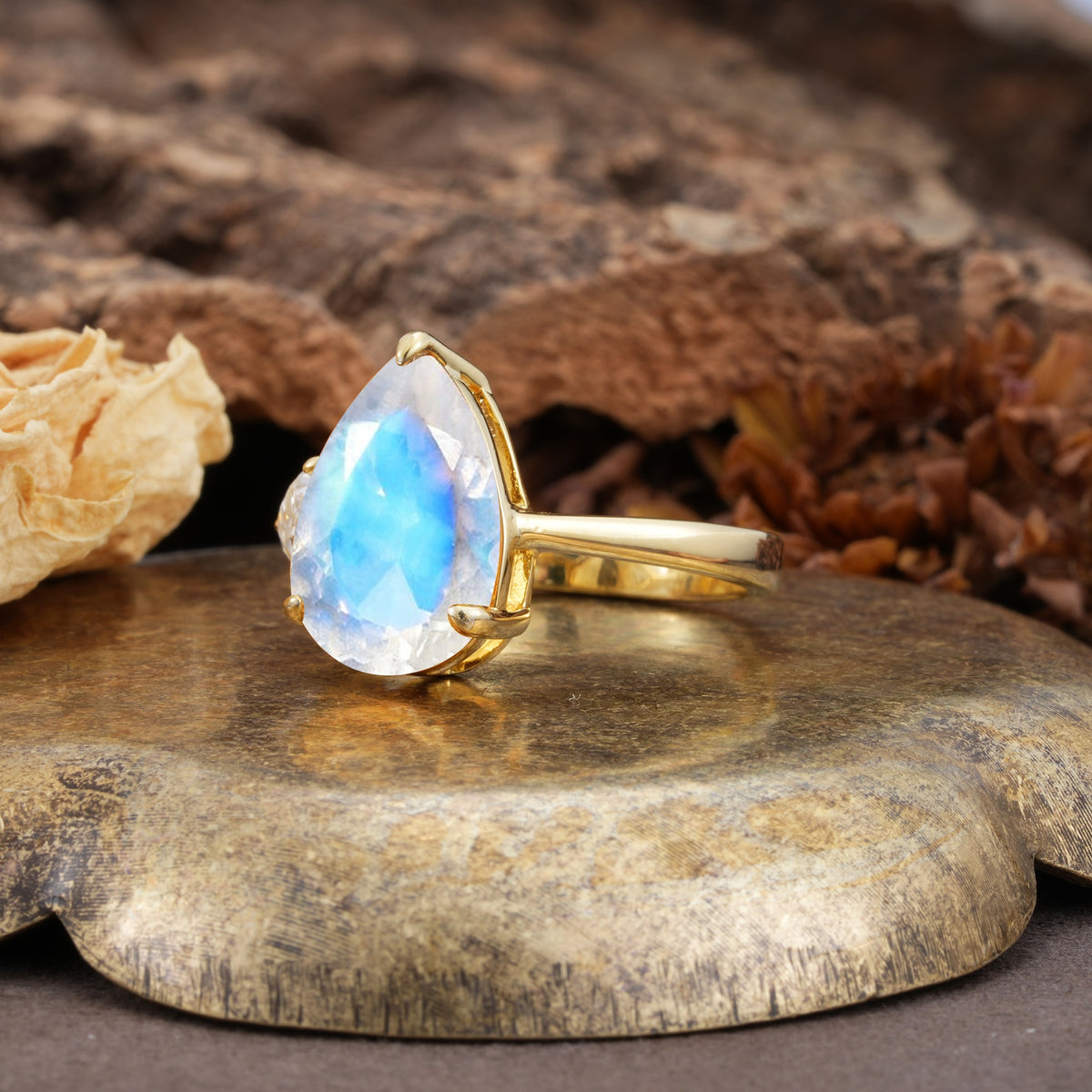 Classic, Minimalist 3-Prong Pear Cut Moonstone Two Stones Wedding Ring - Additional view