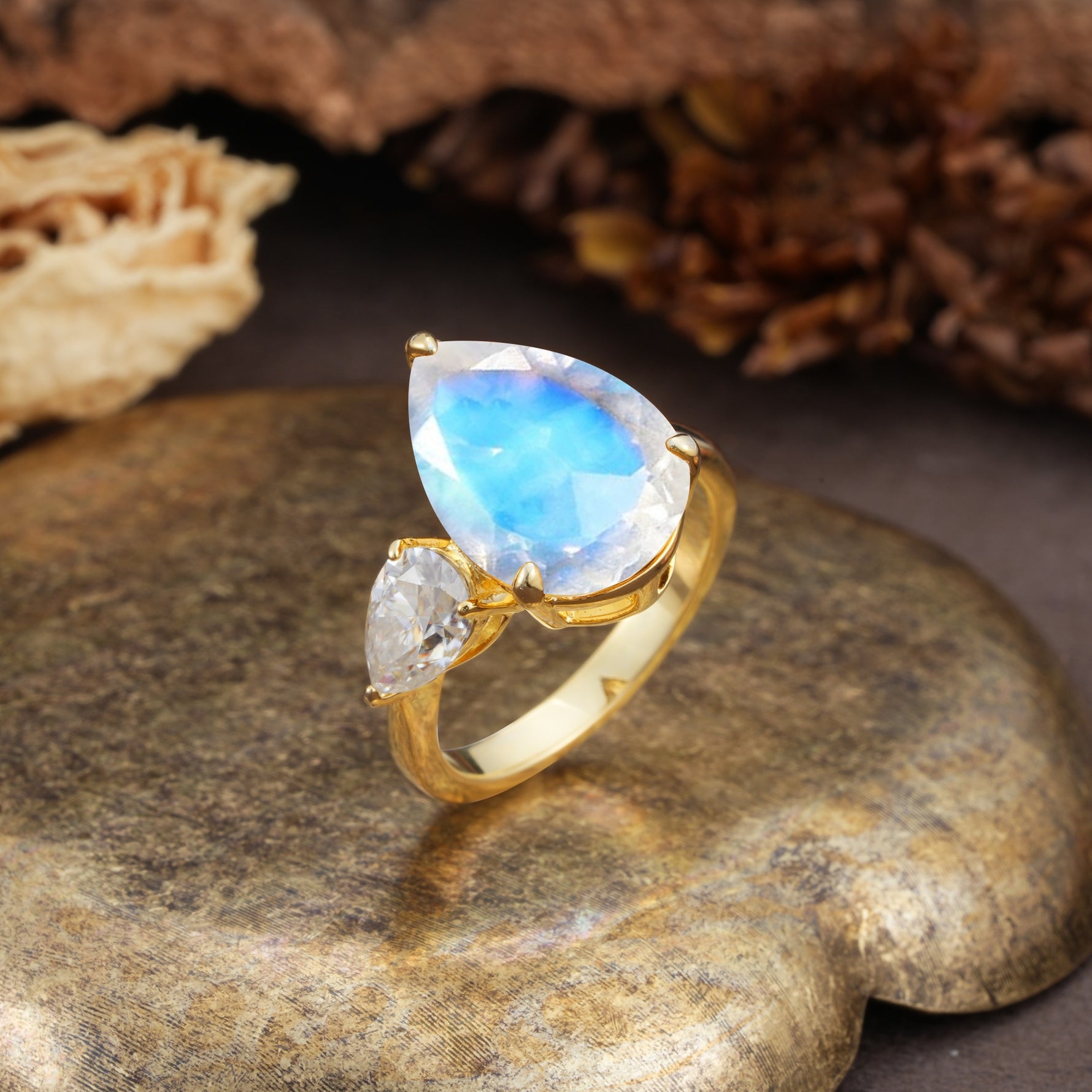 Classic, Minimalist 3-Prong Pear Cut Moonstone Two Stones Wedding Ring - Additional view