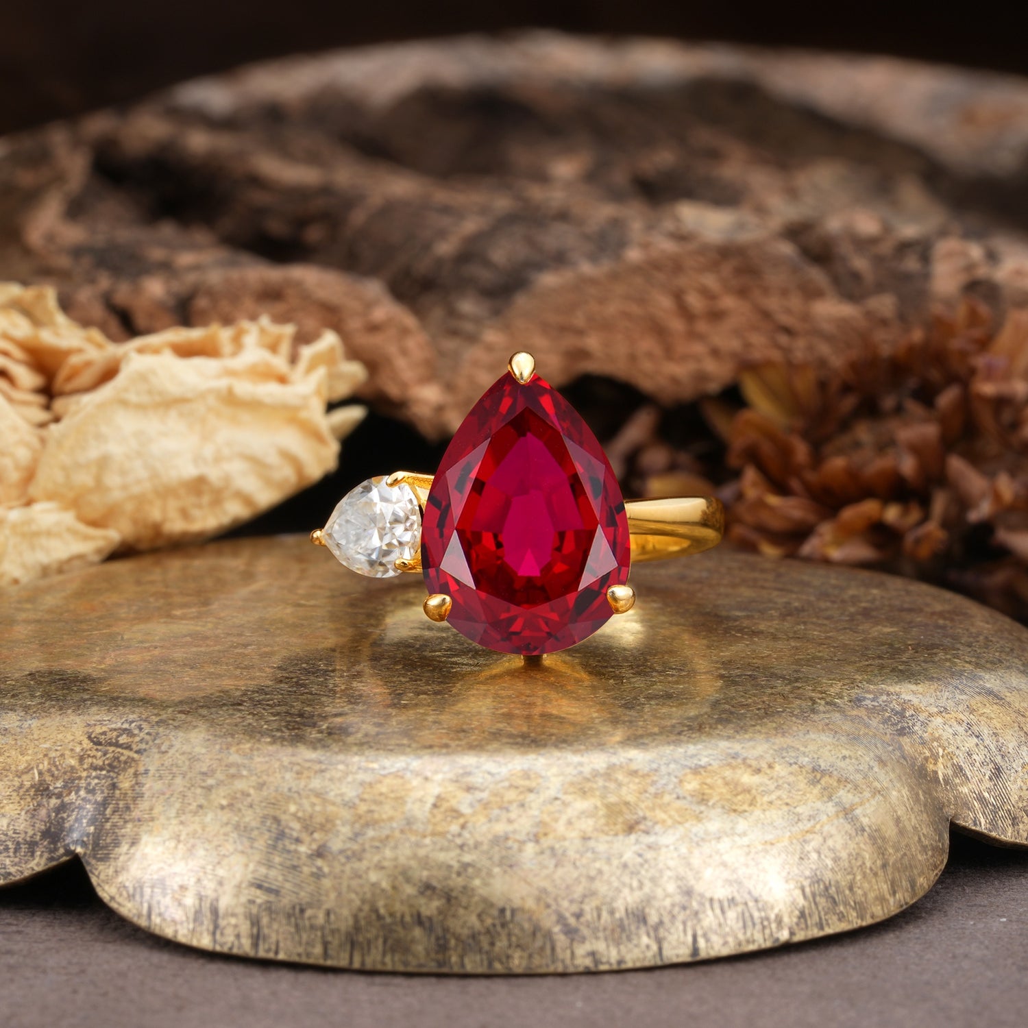 Classic, Minimalist 3-Prong Pear Cut Ruby Two Stones Wedding Ring - Additional view
