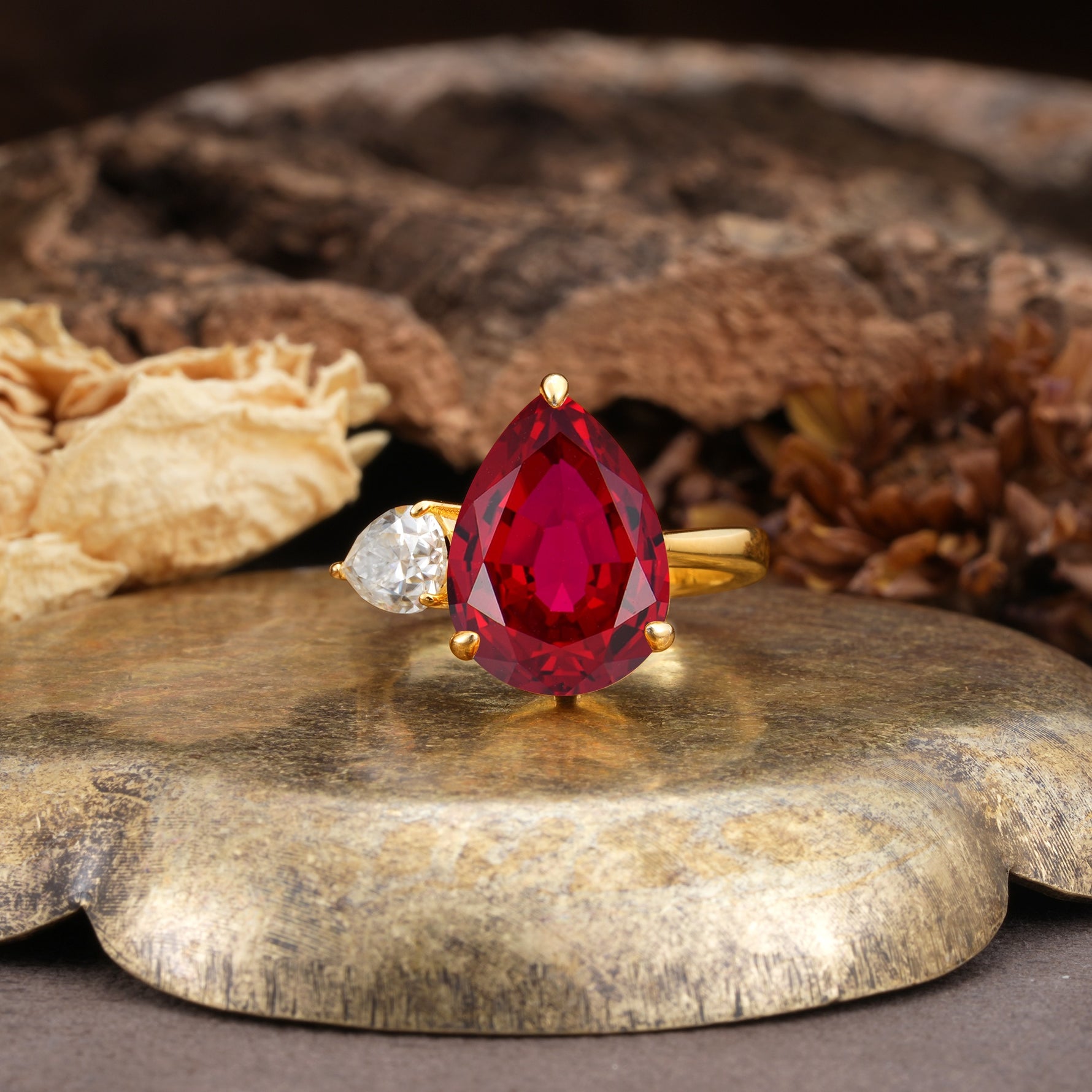 Classic, Minimalist 3-Prong Pear Cut Ruby Two Stones Wedding Ring - Additional view