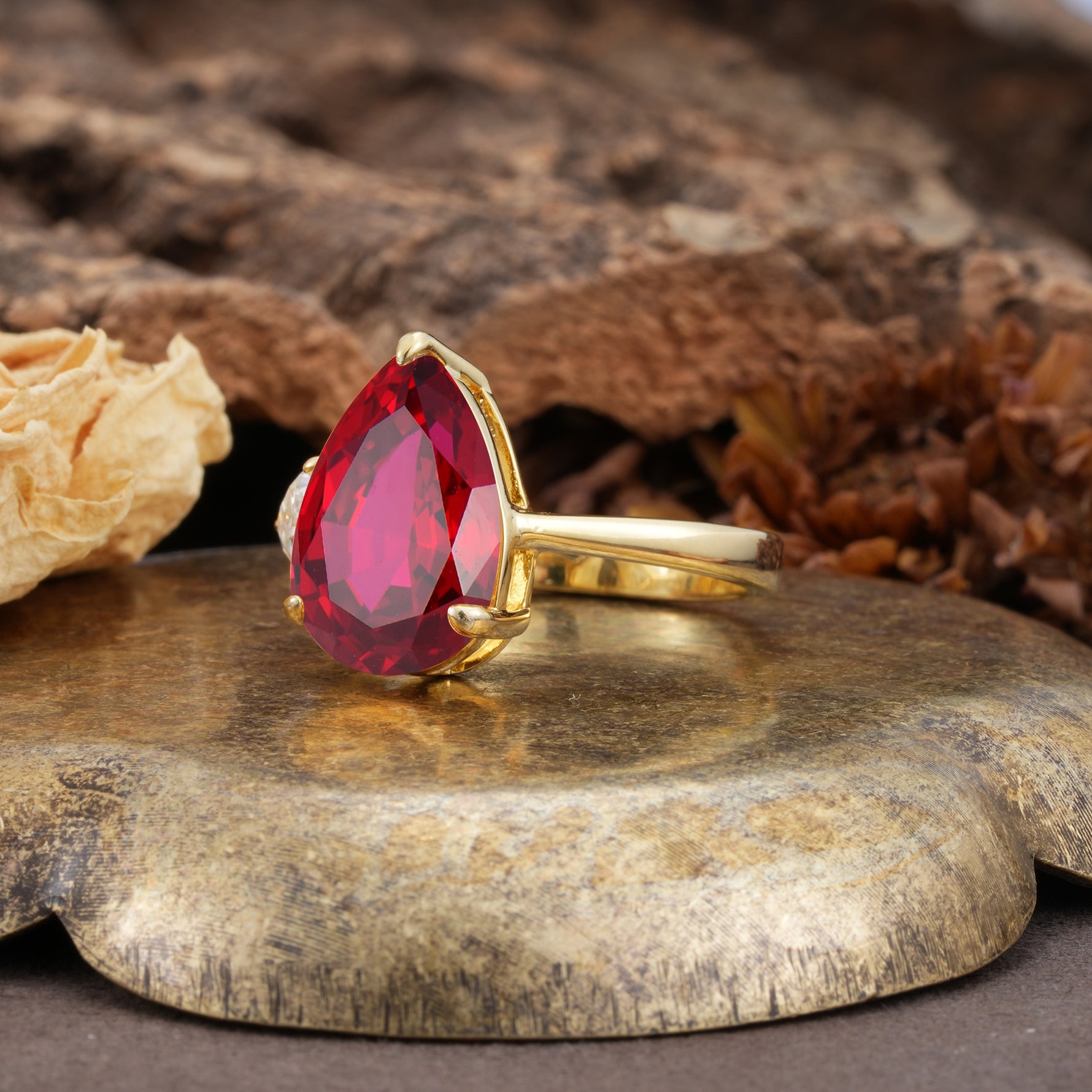 Classic, Minimalist 3-Prong Pear Cut Ruby Two Stones Wedding Ring - Additional view
