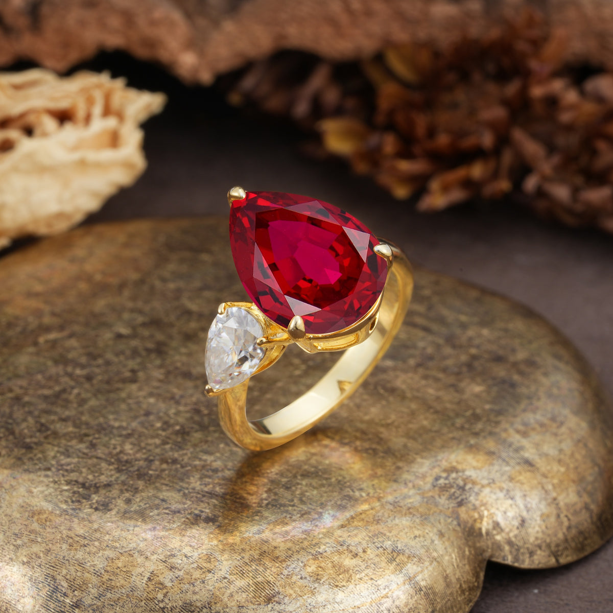 Classic, Minimalist 3-Prong Pear Cut Ruby Two Stones Wedding Ring - Additional view