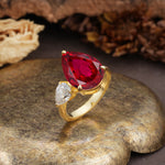 Classic, Minimalist 3-Prong Pear Cut Ruby Two Stones Wedding Ring - Additional view