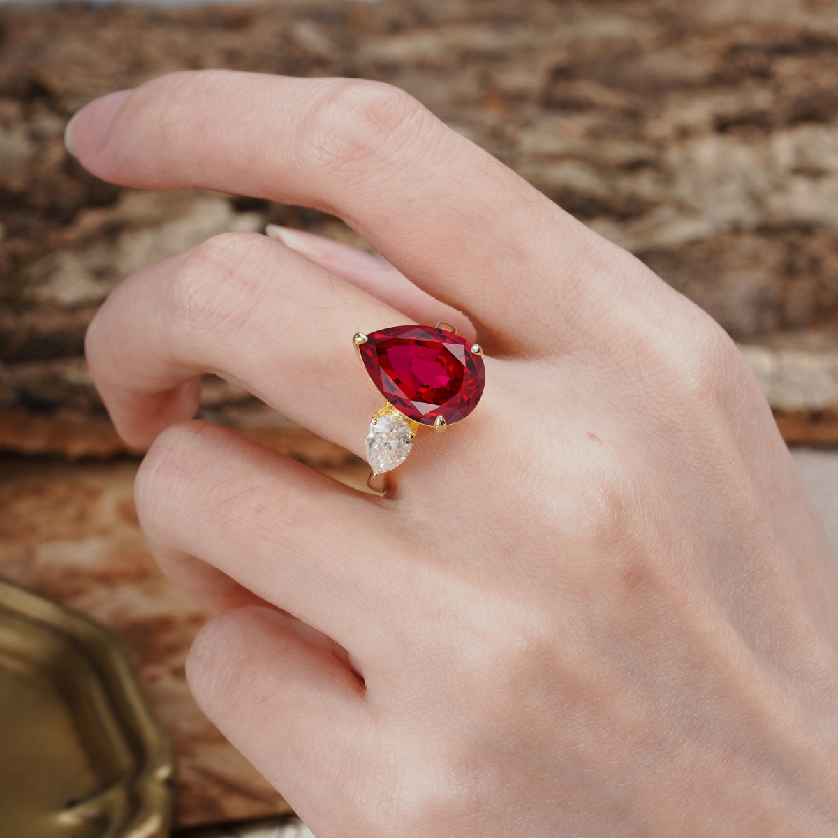 Classic, Minimalist 3-Prong Pear Cut Ruby Two Stones Wedding Ring - Additional view