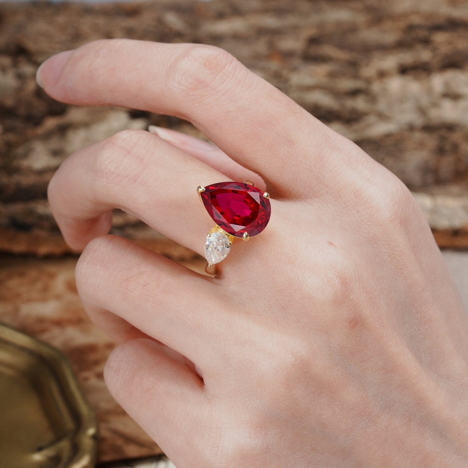 Classic, Minimalist 3-Prong Pear Cut Ruby Two Stones Wedding Ring - Additional view