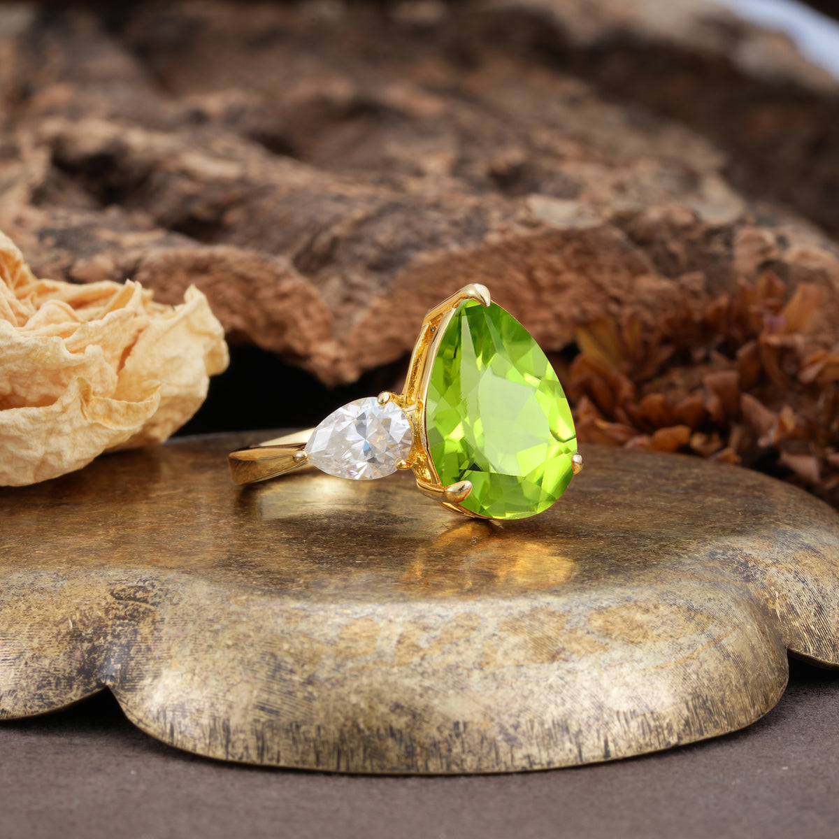 Classic, Minimalist 3-Prong Pear Cut Peridot Two Stones Wedding Ring - Additional view