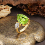 Classic, Minimalist 3-Prong Pear Cut Peridot Two Stones Wedding Ring - Additional view