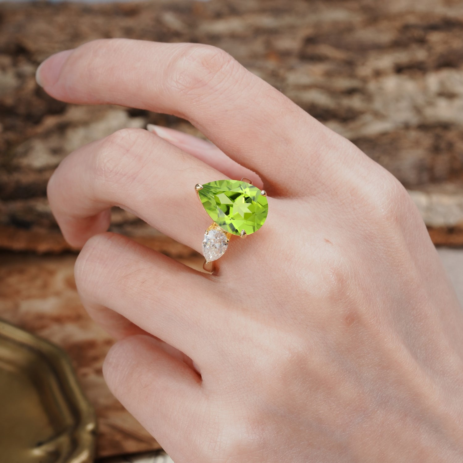 Classic, Minimalist 3-Prong Pear Cut Peridot Two Stones Wedding Ring - Additional view
