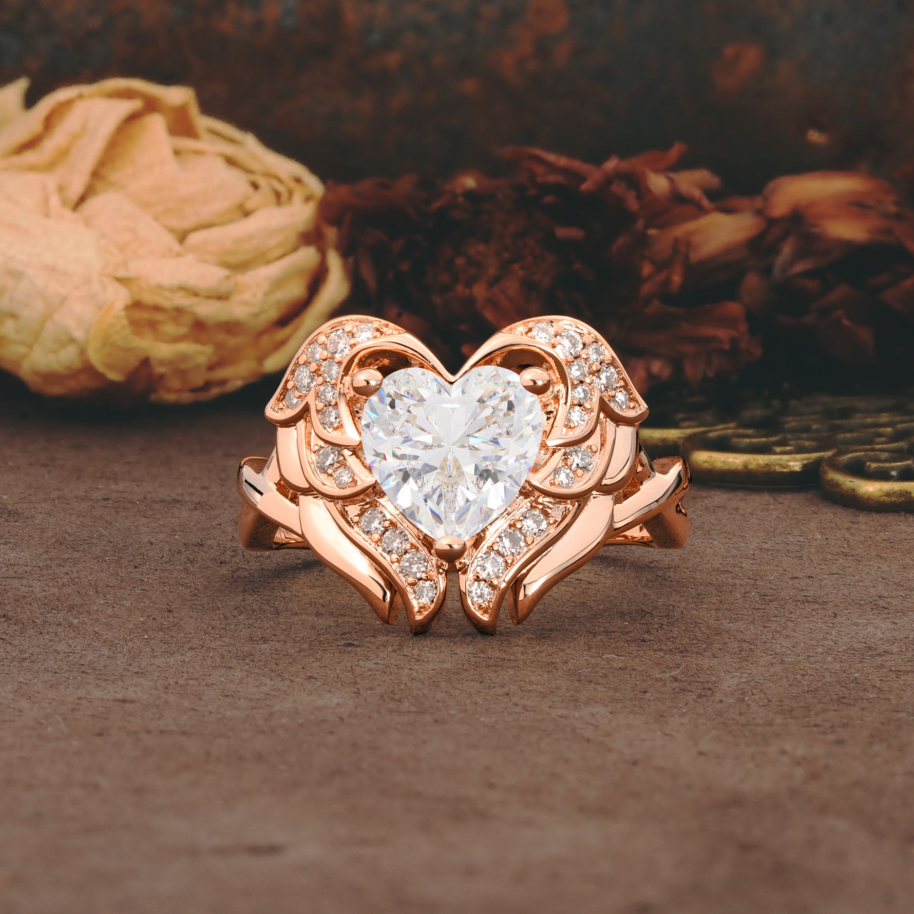 Unique, Luxurious Gothic Style 3 Prong Heart Cut Moissanite Engagement Ring - Additional view