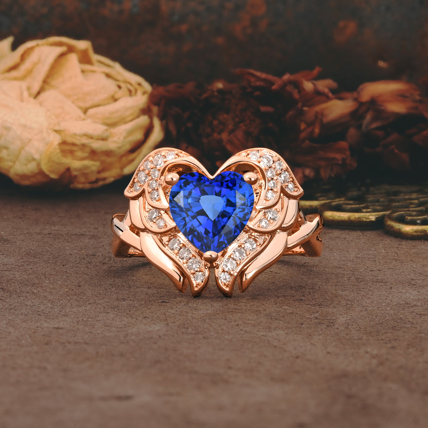 Unique, Luxurious Gothic Style 3 Prong Heart Cut Sapphire Engagement Ring - Additional view