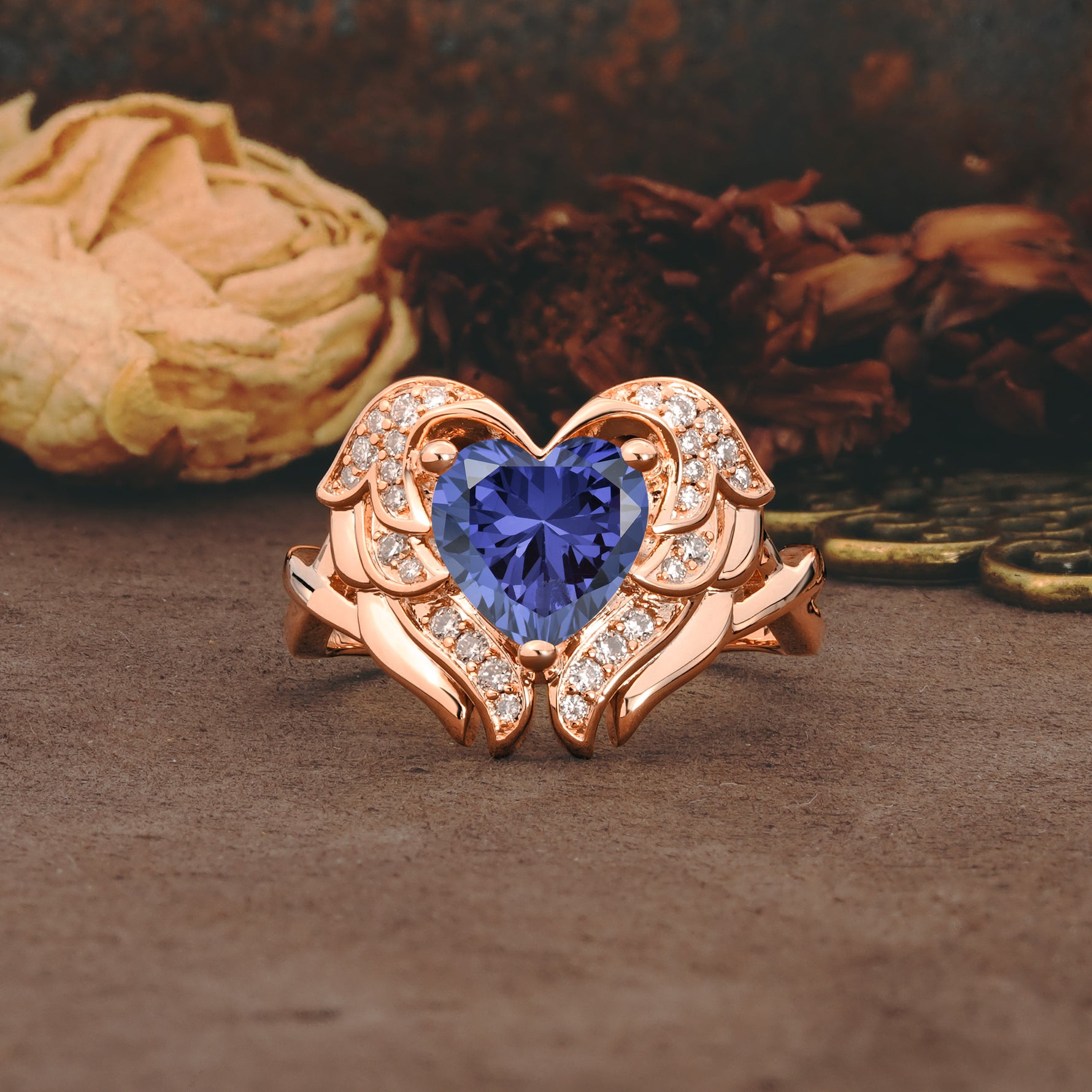 Unique, Luxurious Gothic Style 3 Prong Heart Cut Tanzanite Engagement Ring - Additional view