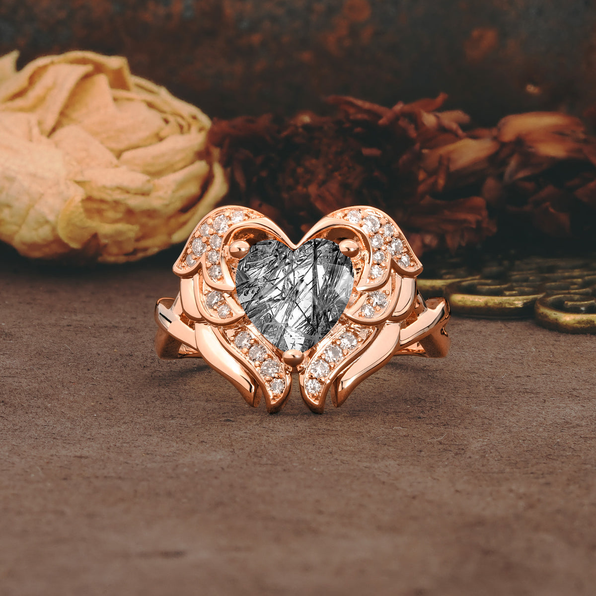 Unique, Luxurious Gothic Style 3 Prong Heart Cut Black Rutilated Quartz Engagement Ring - Additional view