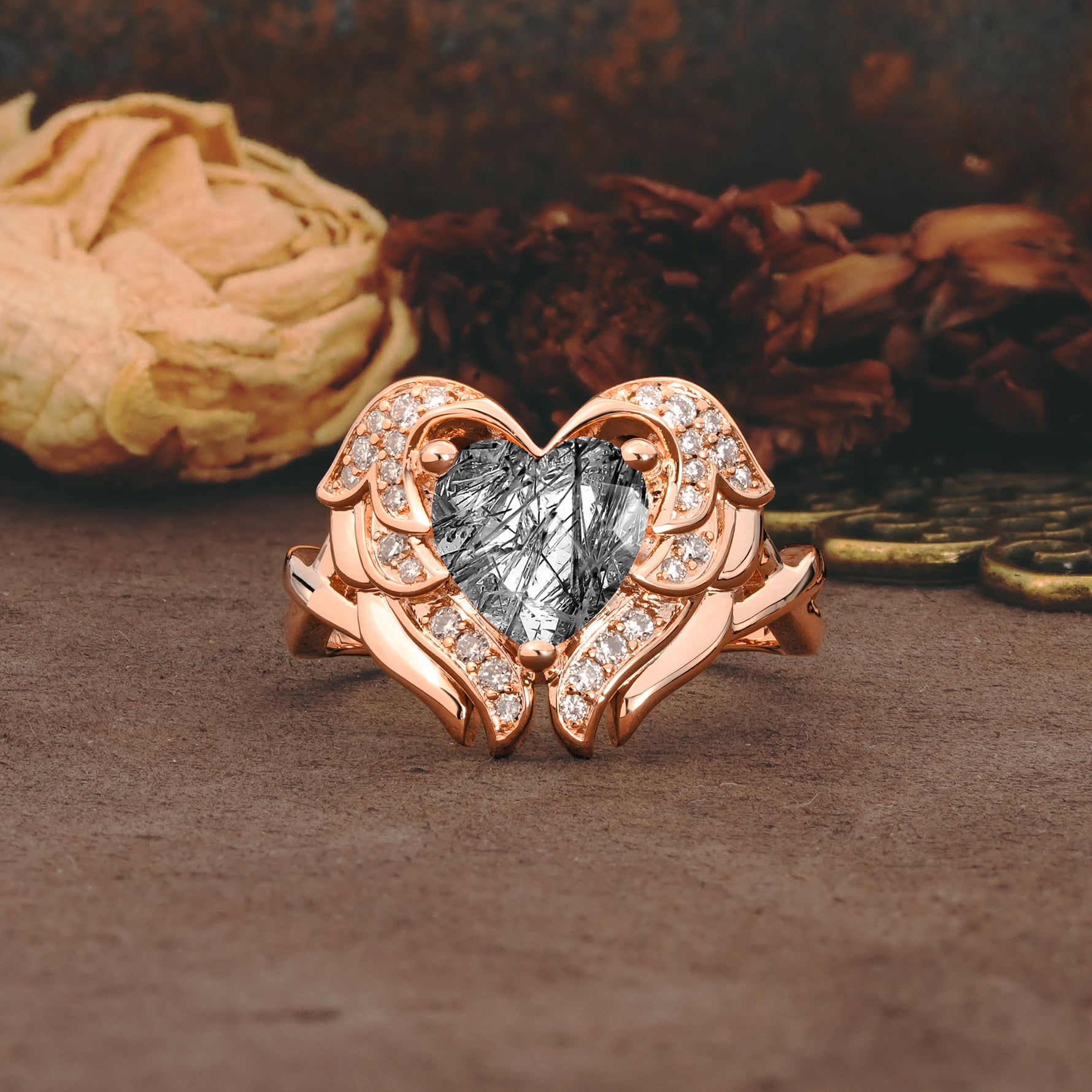 Unique, Luxurious Gothic Style 3 Prong Heart Cut Black Rutilated Quartz Engagement Ring - Additional view