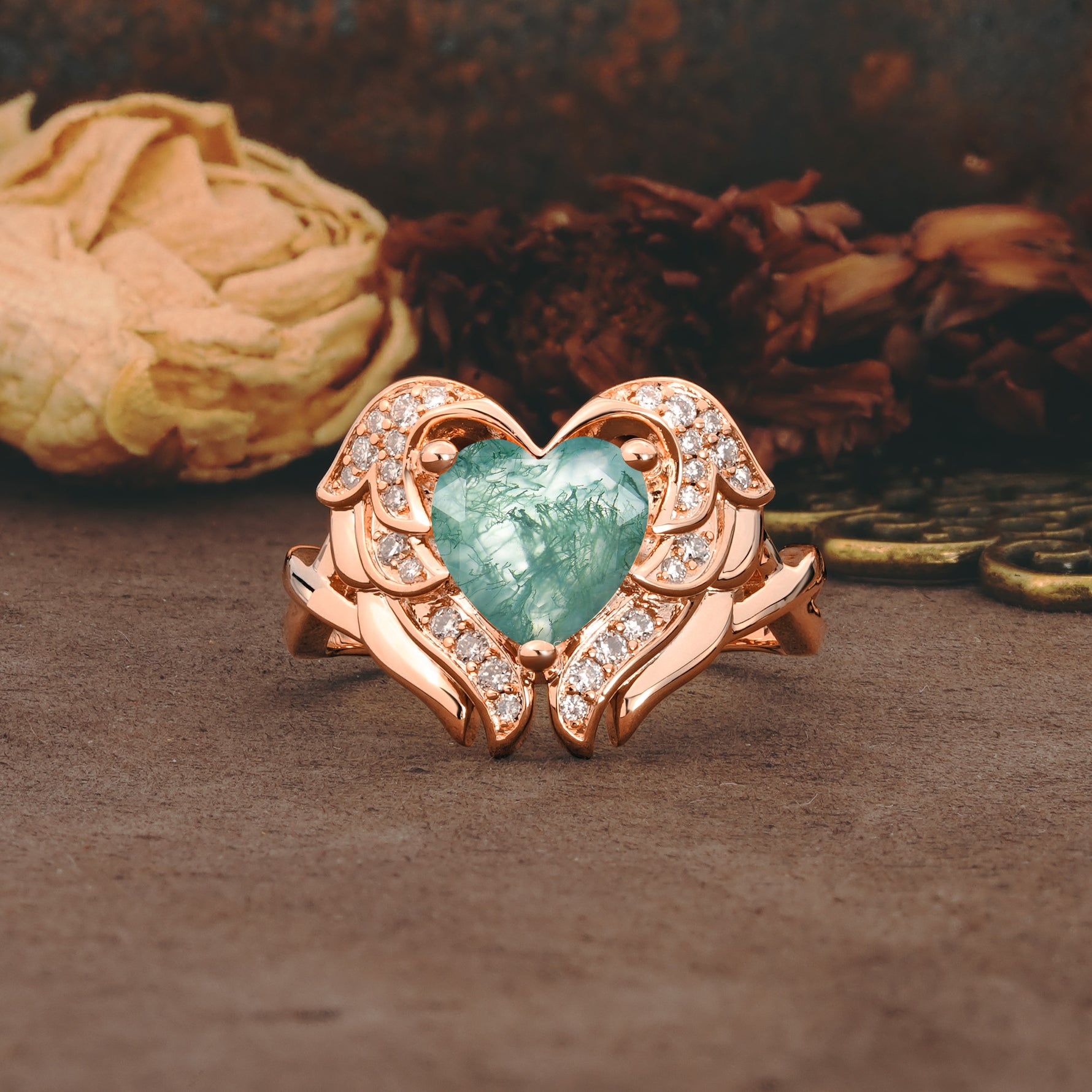 Unique, Luxurious Gothic Style 3 Prong Heart Cut Moss Agate Engagement Ring - Additional view