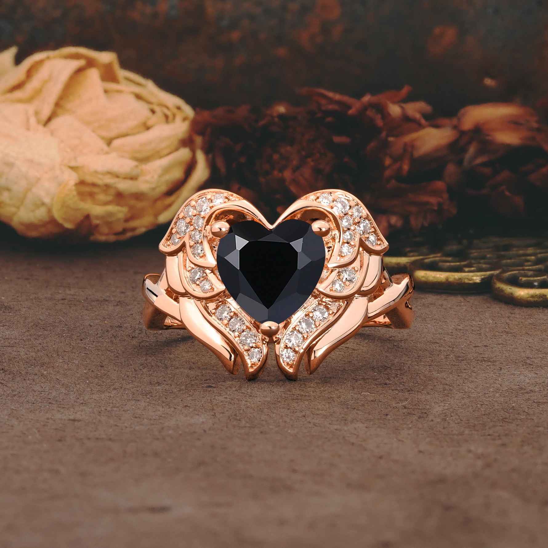 Unique, Luxurious Gothic Style 3 Prong Heart Cut Black Onyx Engagement Ring - Additional view