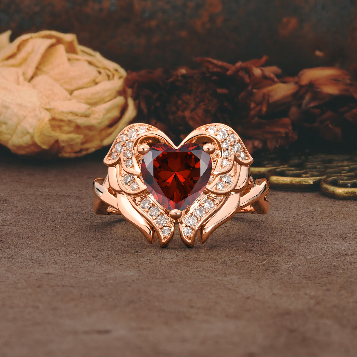 Unique, Luxurious Gothic Style 3 Prong Heart Cut Garnet Engagement Ring - Additional view