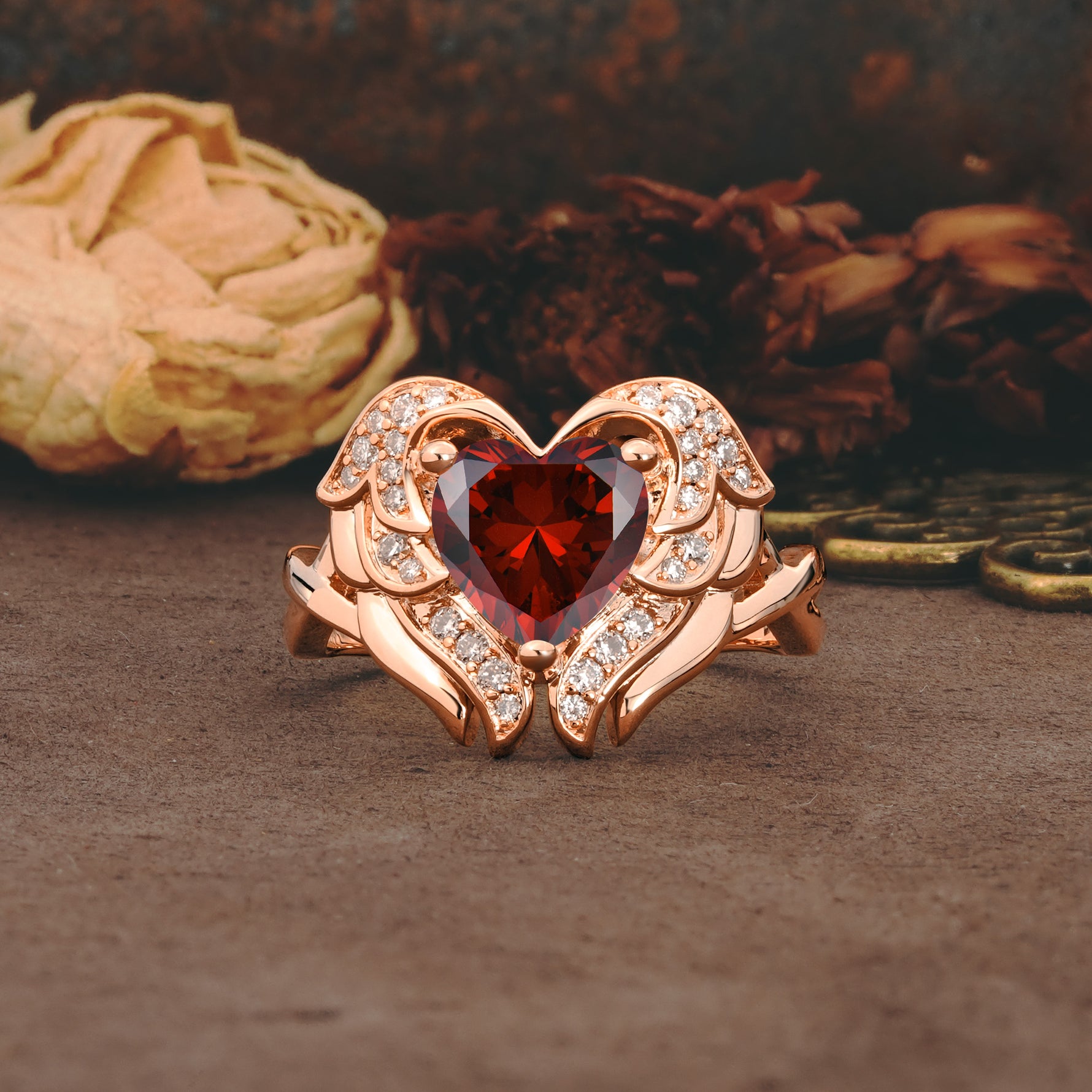 Unique, Luxurious Gothic Style 3 Prong Heart Cut Garnet Engagement Ring - Additional view