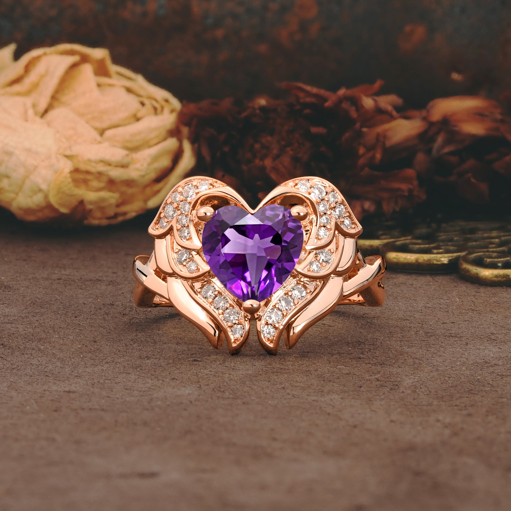 Unique, Luxurious Gothic Style 3 Prong Heart Cut Amethyst Engagement Ring - Additional view