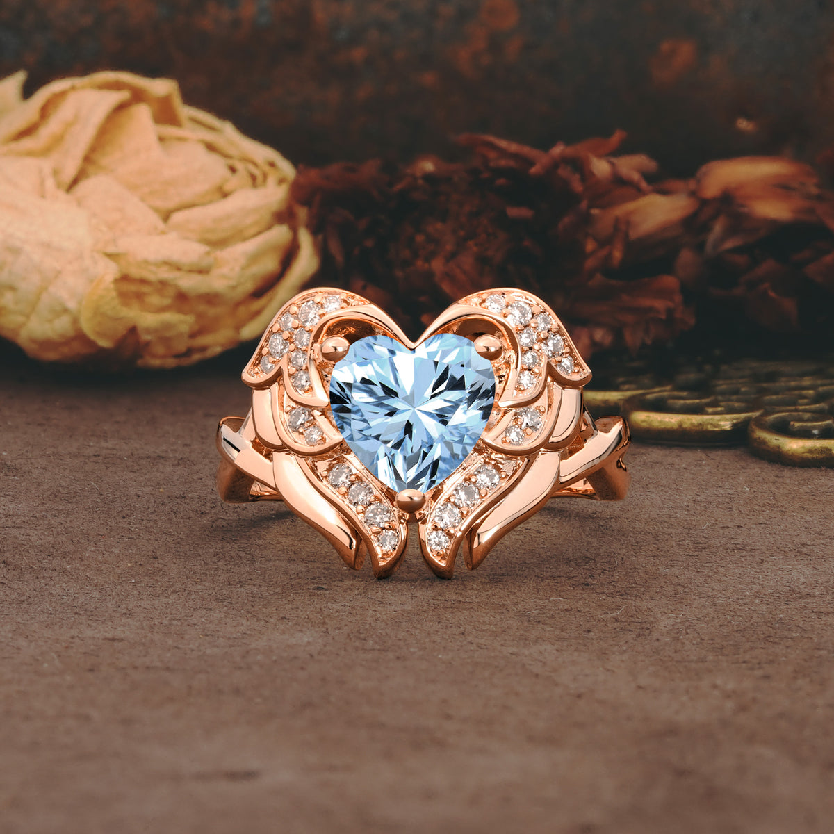 Unique, Luxurious Gothic Style 3 Prong Heart Cut Aquamarine Engagement Ring - Additional view