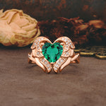 Unique, Luxurious Gothic Style 3 Prong Heart Cut Emerald Engagement Ring - Additional view