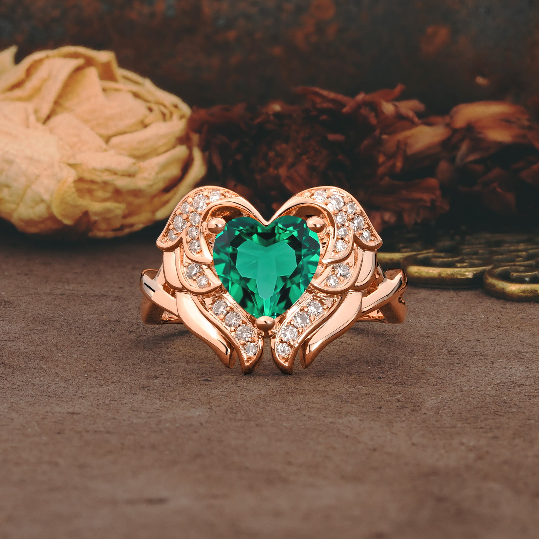Unique, Luxurious Gothic Style 3 Prong Heart Cut Emerald Engagement Ring - Additional view