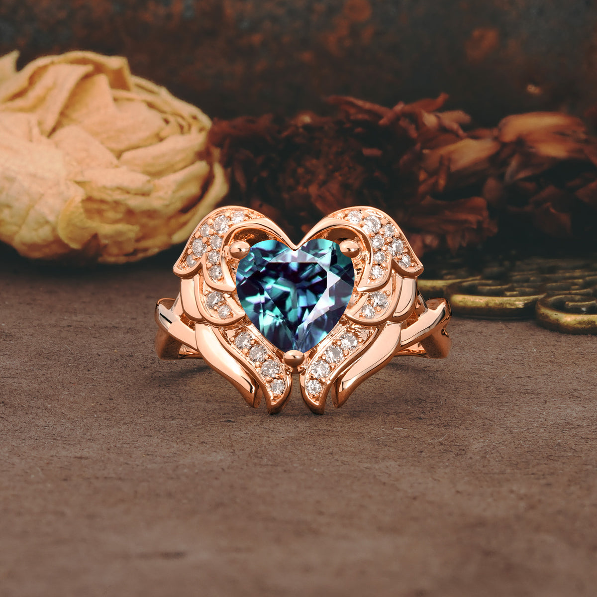 Unique, Luxurious Gothic Style 3 Prong Heart Cut Alexandrite Engagement Ring - Additional view