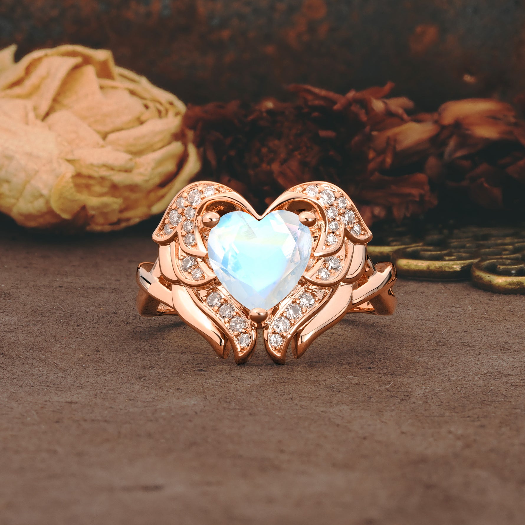 Unique, Luxurious Gothic Style 3 Prong Heart Cut Moonstone Engagement Ring - Additional view