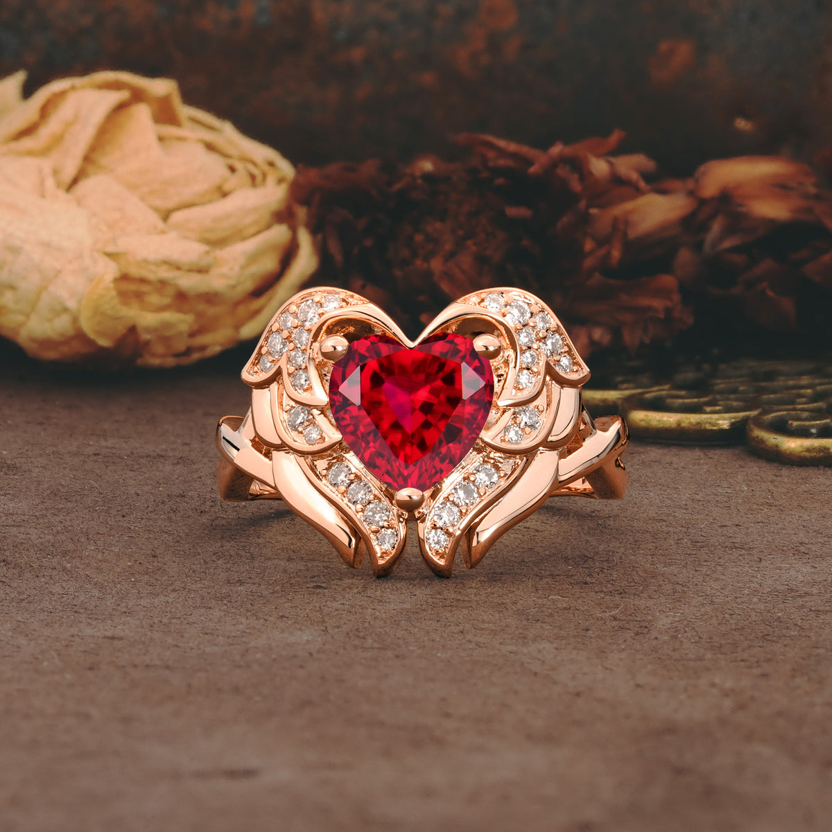 Unique, Luxurious Gothic Style 3 Prong Heart Cut Ruby Engagement Ring - Additional view
