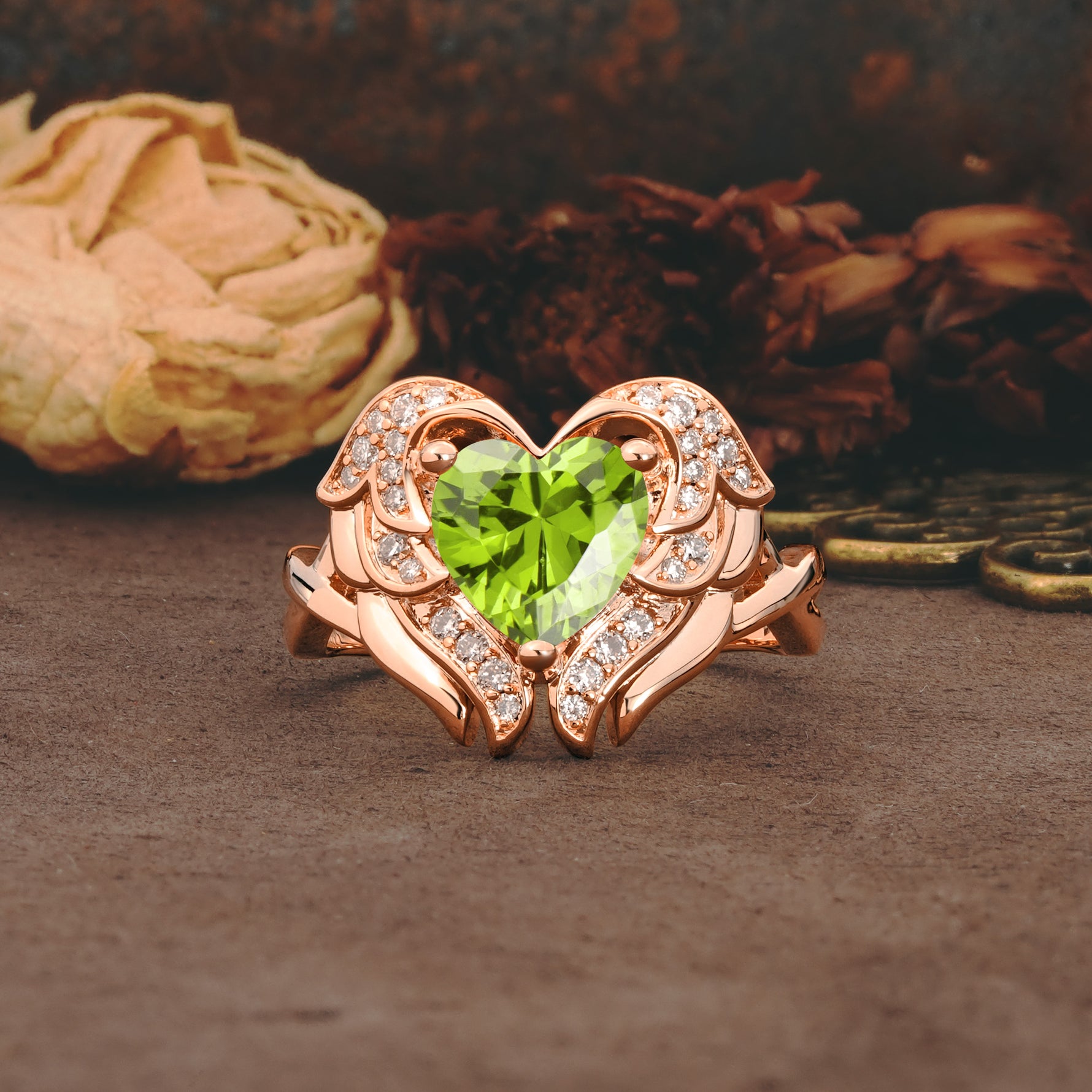 Unique, Luxurious Gothic Style 3 Prong Heart Cut Peridot Engagement Ring - Additional view