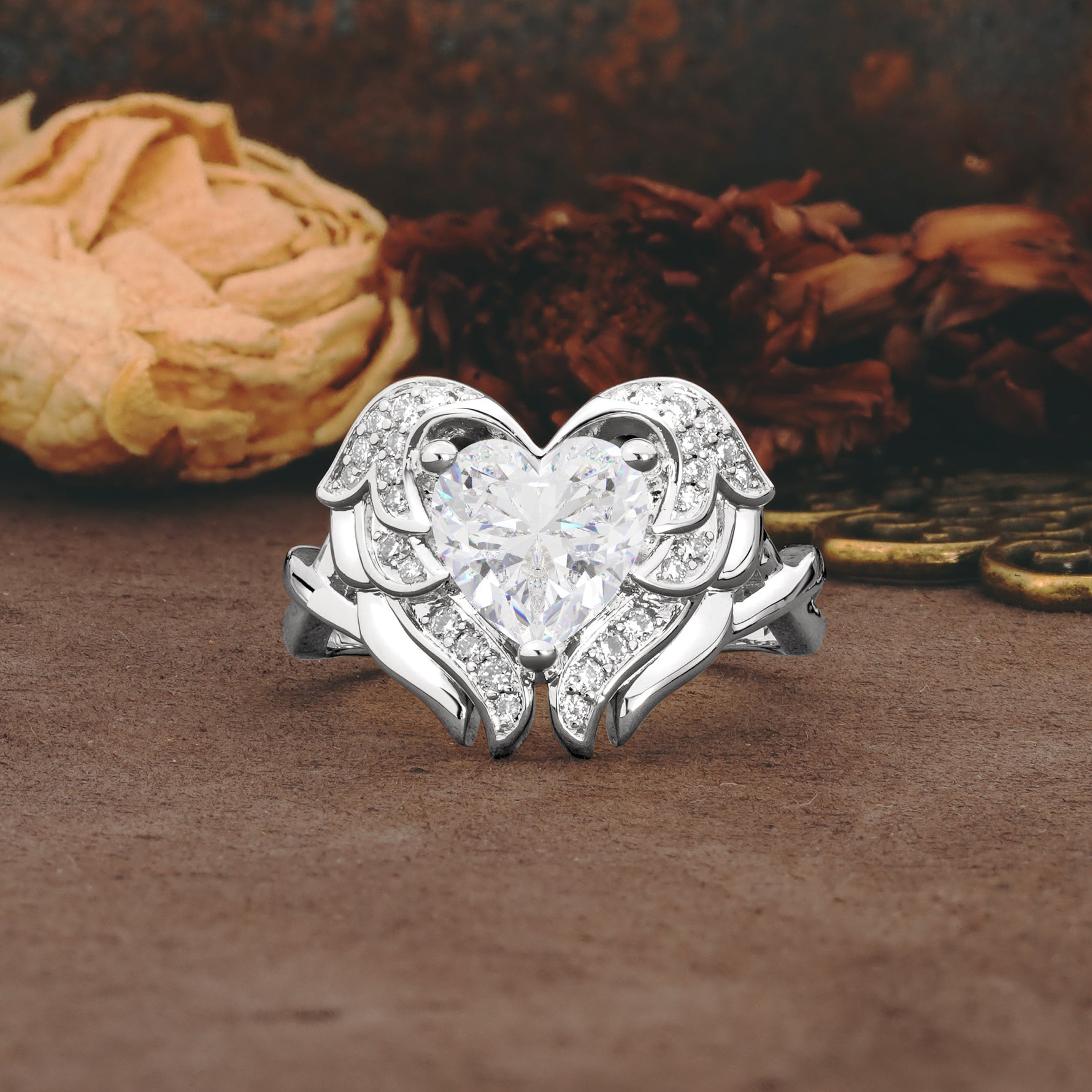 Unique, Luxurious Gothic Style 3 Prong Heart Cut Moissanite Engagement Ring - Additional view