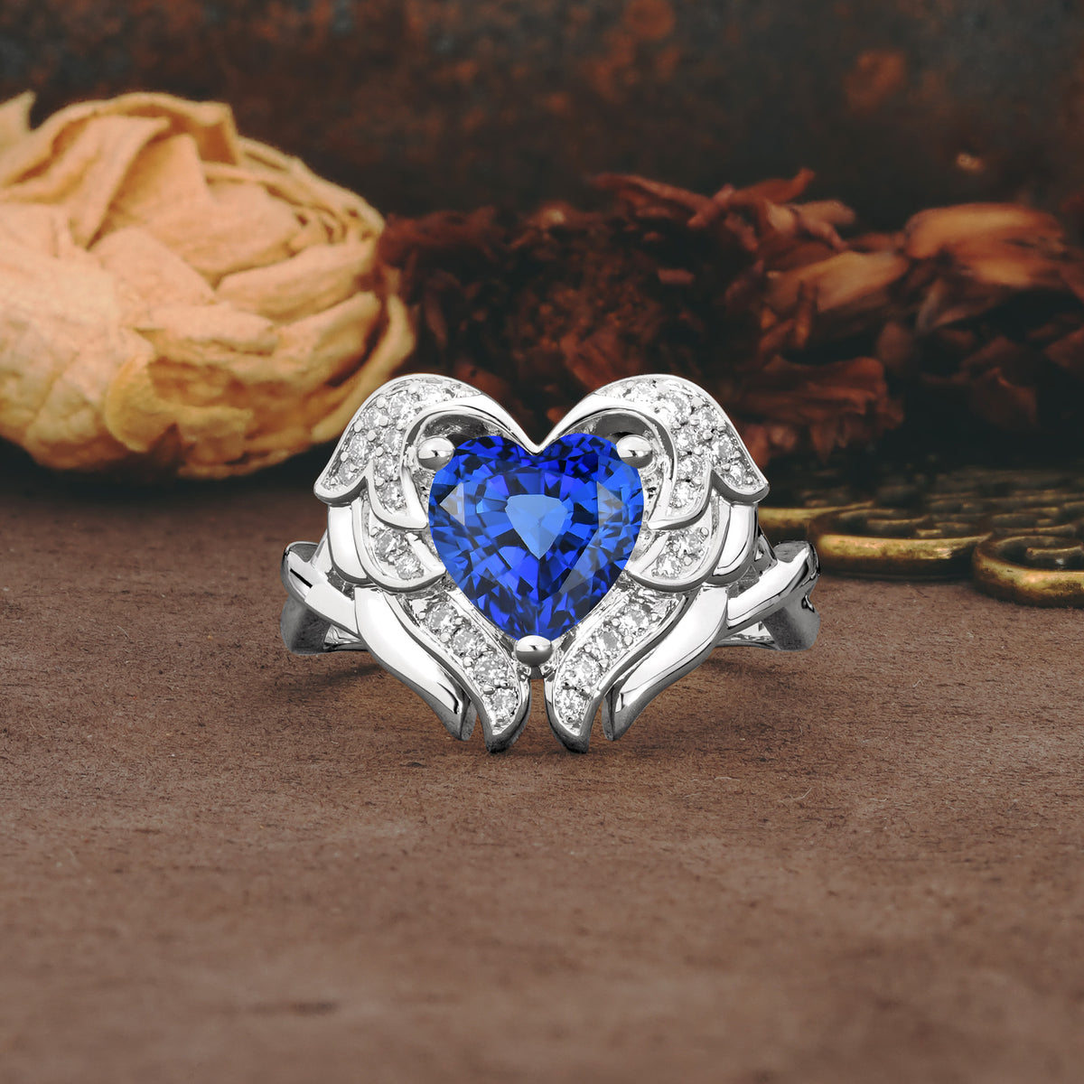 Unique, Luxurious Gothic Style 3 Prong Heart Cut Sapphire Engagement Ring - Additional view