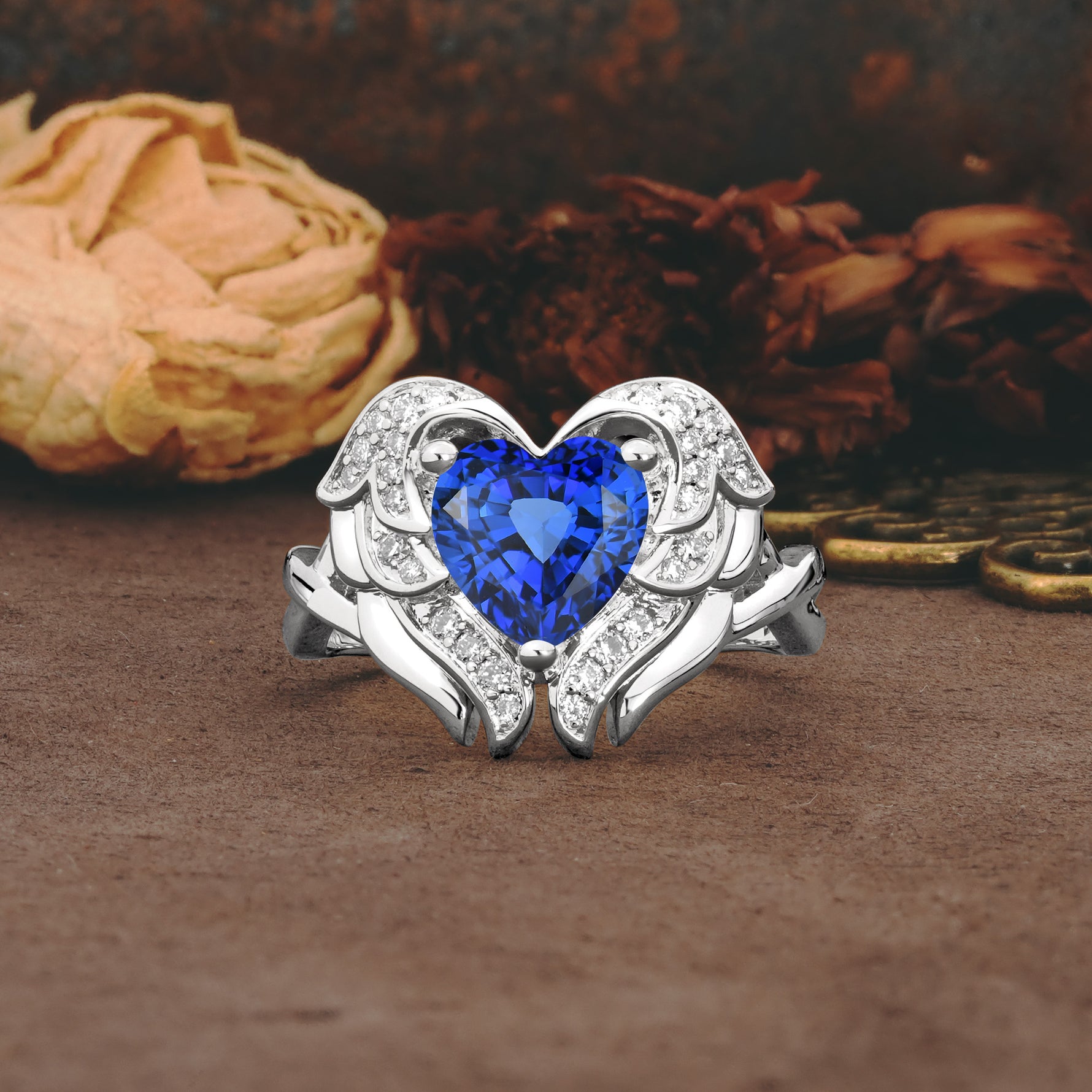 Unique, Luxurious Gothic Style 3 Prong Heart Cut Sapphire Engagement Ring - Additional view