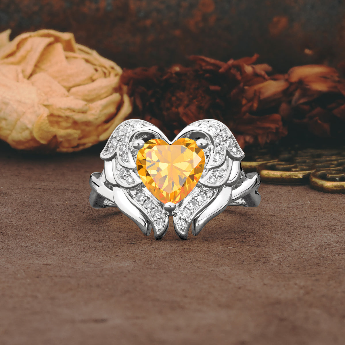 Unique, Luxurious Gothic Style 3 Prong Heart Cut Citrine Engagement Ring - Additional view