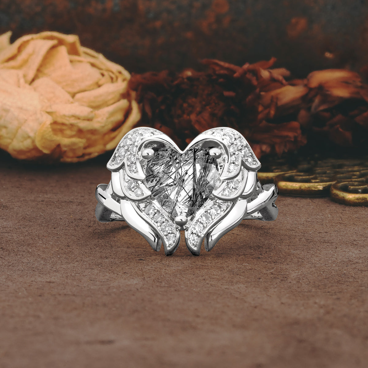 Unique, Luxurious Gothic Style 3 Prong Heart Cut Black Rutilated Quartz Engagement Ring - Additional view