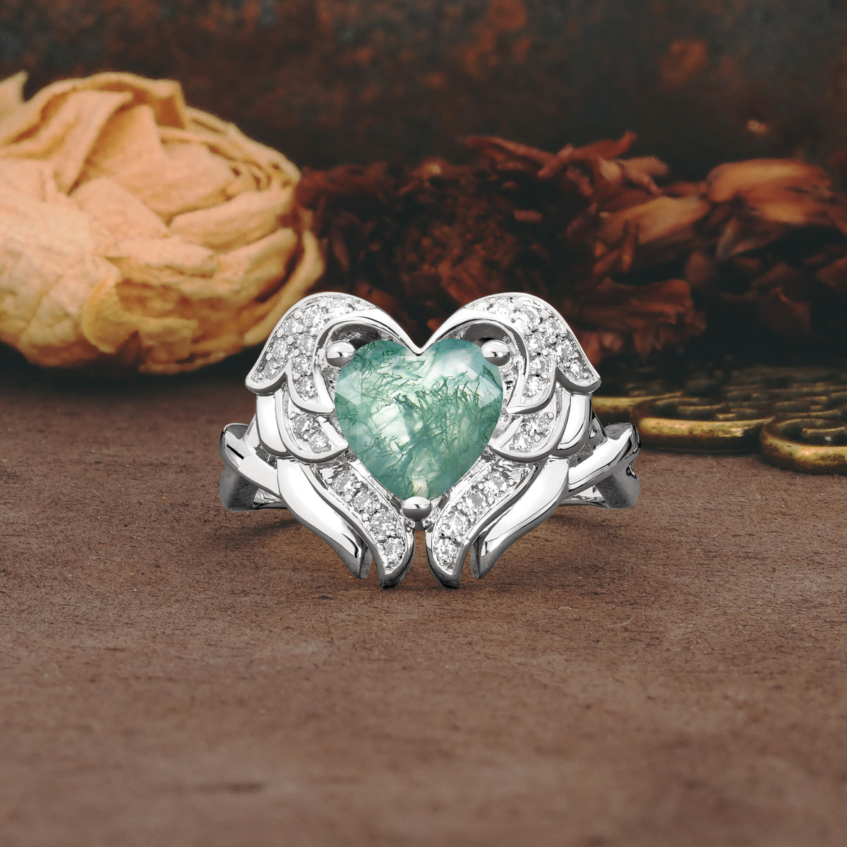 Unique, Luxurious Gothic Style 3 Prong Heart Cut Moss Agate Engagement Ring - Additional view
