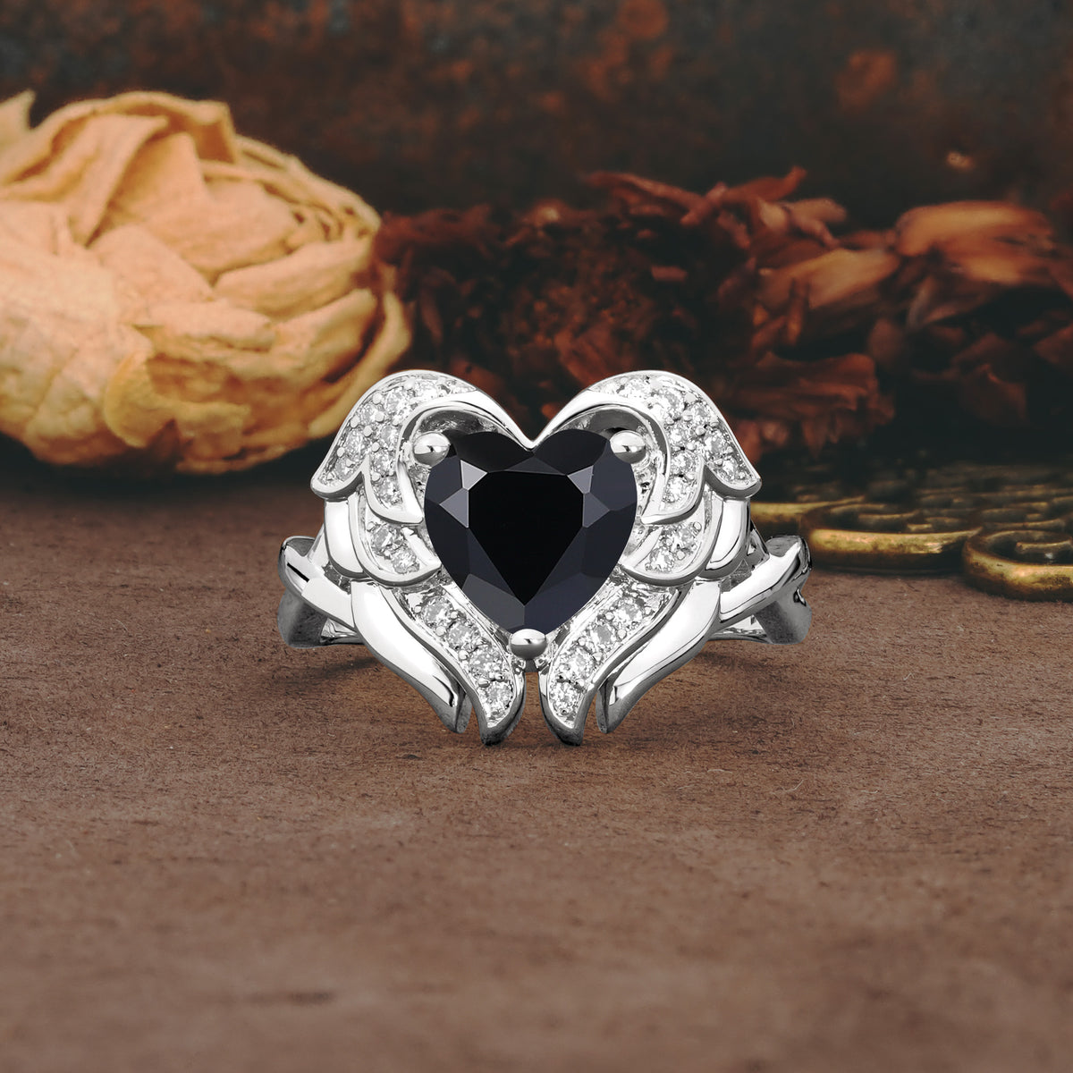 Unique, Luxurious Gothic Style 3 Prong Heart Cut Black Onyx Engagement Ring - Additional view