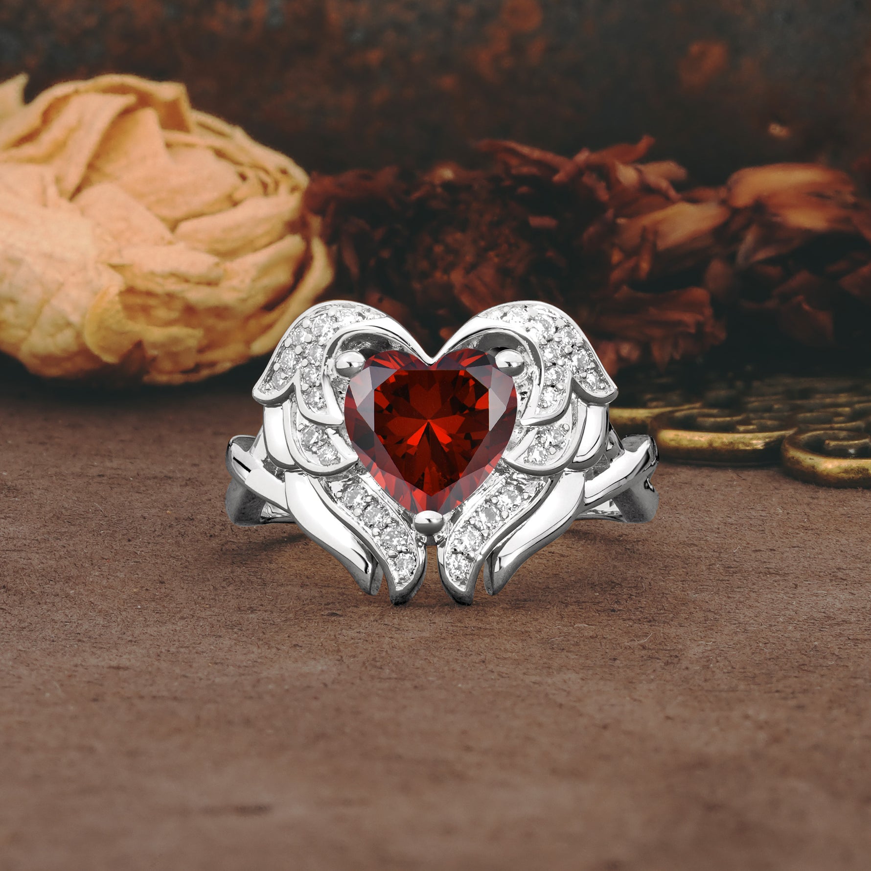Unique, Luxurious Gothic Style 3 Prong Heart Cut Garnet Engagement Ring - Additional view
