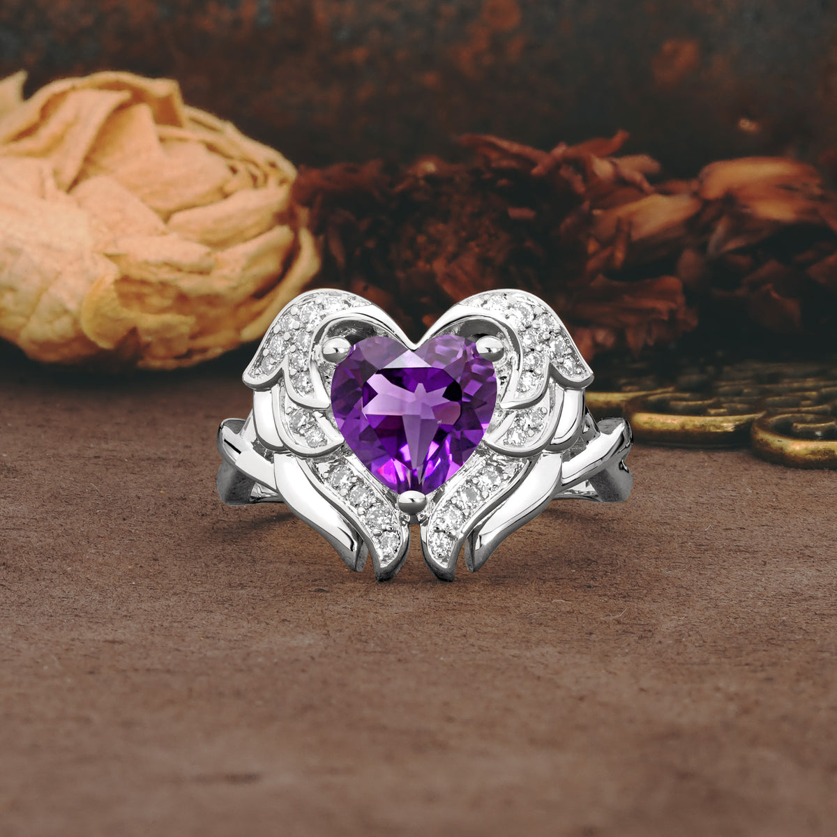 Unique, Luxurious Gothic Style 3 Prong Heart Cut Amethyst Engagement Ring - Additional view