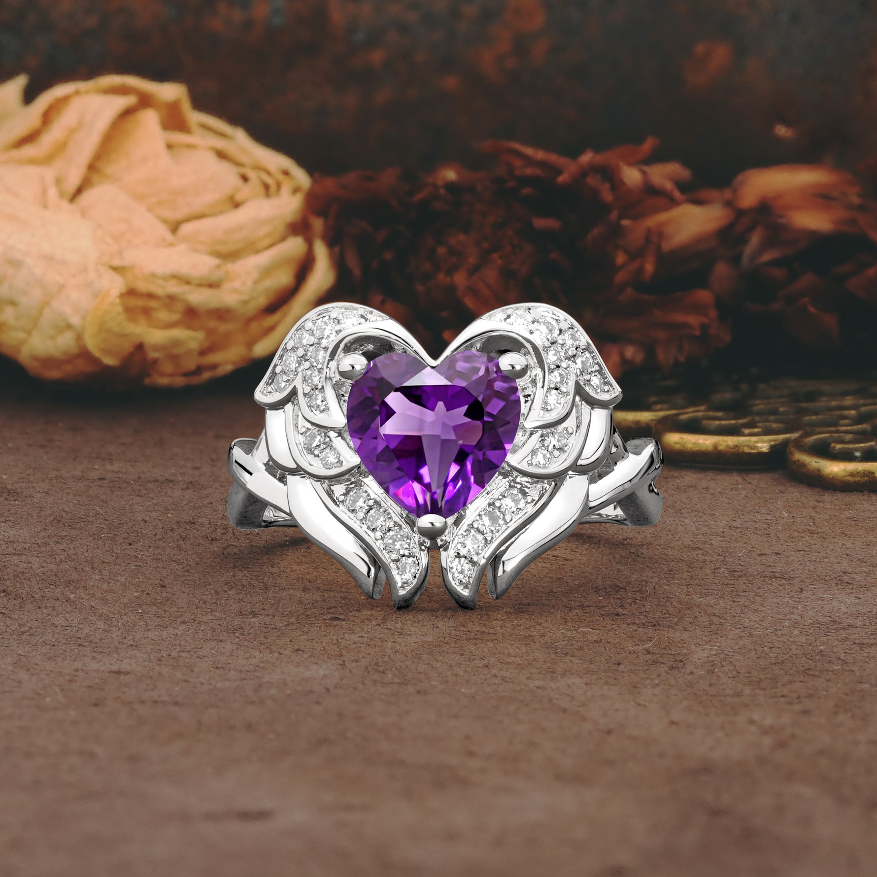 Unique, Luxurious Gothic Style 3 Prong Heart Cut Amethyst Engagement Ring - Additional view