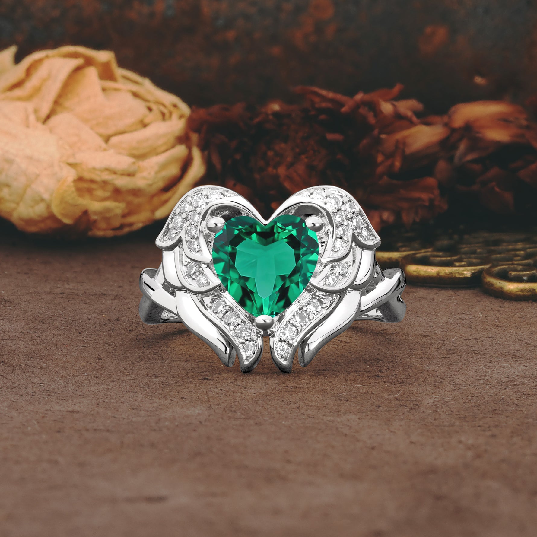 Unique, Luxurious Gothic Style 3 Prong Heart Cut Emerald Engagement Ring - Additional view